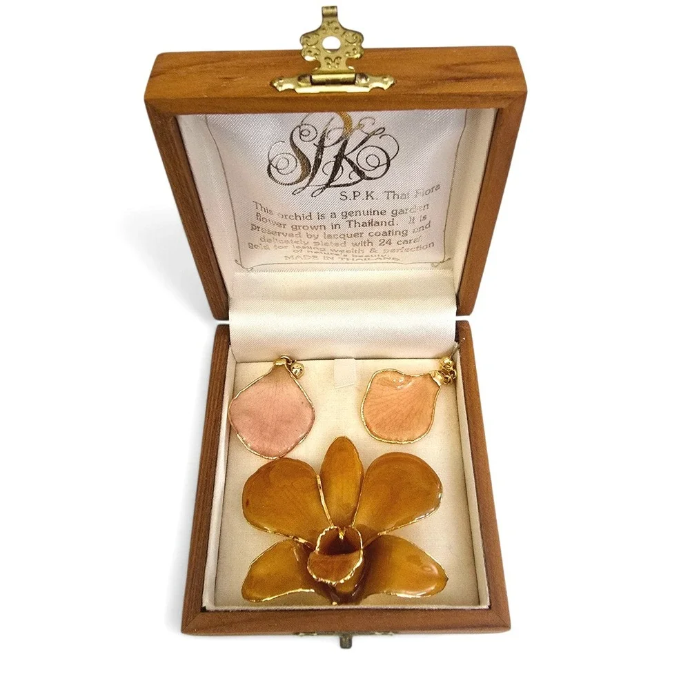 Vintage SPK Tai Flora Real Orchid Brooch & Earring Set 24kt Gold Plate Orig Box